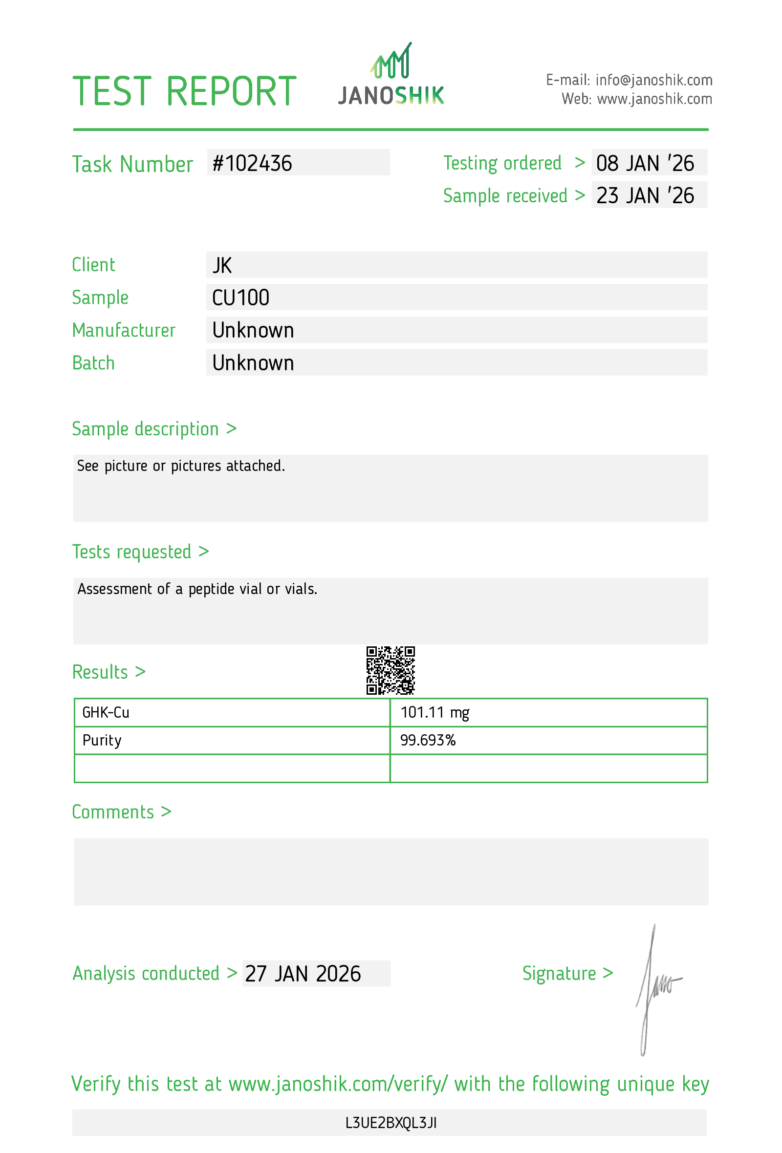 Certificate of analysis, batch JAN-102436